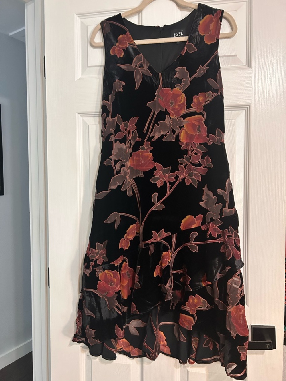 ECI Black Velvet Floral High-Low Dress with Orange Rust Blooms
